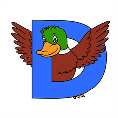 animal alphabet. capital letter D, Duck. Vector illustration. For pre school education, kindergarten and foreign language learning for kids and children. For print and books, zoo topic.