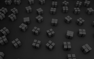 Black gift boxes with ribbon on black background. 3D illustration