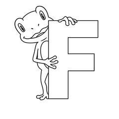 Fototapeta na wymiar Animal alphabet. Capital letter F, Frog. Raster illustration. For pre school education, kindergarten and foreign language learning for kids and children. Coloring page and books, zoo topic.