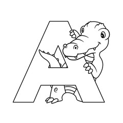 Animal alphabet. Capital letter A, Alligator. Raster illustration. For pre school education, kindergarten and foreign language learning for kids and children. Coloring page and books, zoo topic.