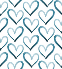 Blue summer gouache seamless heart pattern