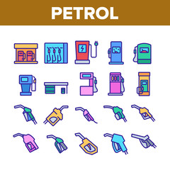 Petrol Station Tool Collection Icons Set Vector. Automobile Petrol Fuel Service Equipment And Nozzle, Gas, Diesel And Electricity Concept Linear Pictograms. Color Contour Illustrations