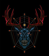 Deer head illustration with ornament design on the dark background in serious face. T shirt design, Buck Logo, mascot, wall decoration.