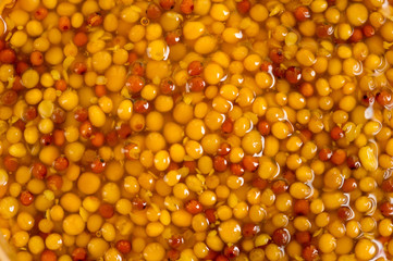 French mustard in a glass jar, shot on a yellow background. Background for seasoning and nutrition.
