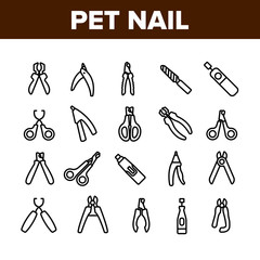 Pet Nail Clippers Collection Icons Set Vector. Cutting Pet Nail Scissors Accessory, Metallic Bottle Spray, Manicure Cut Tool Concept Linear Pictograms. Monochrome Contour Illustrations