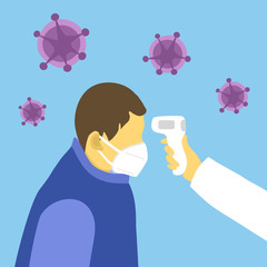 Measuring the temperature of a man in medical mask with medical digital infrared thermometer. Coronavirus epidemic outbreak. Covid-19 checkpoint concept vector illustration.