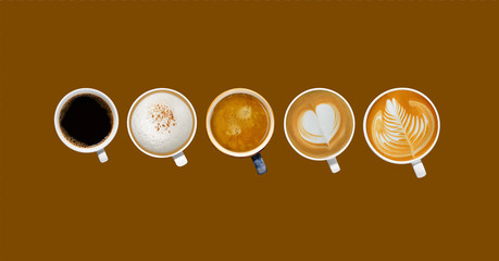 Variety of cups of coffee on colour background