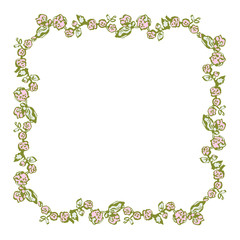 A square frame of small pink flowers and leaves. Vector illustration. On white background. Hand drawn.