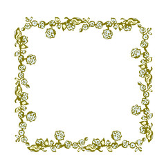 A square frame of small blue flowers and leaves. Vector illustration in cartoon style. On white background. Hand drawn.