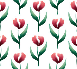 Floral pattern, Gouache painted flowers and leaves, seamless spring pattern in red, green and white