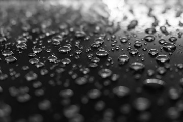 Water drops on a shiny surface, selective focus. Rain drops. Abstract background.