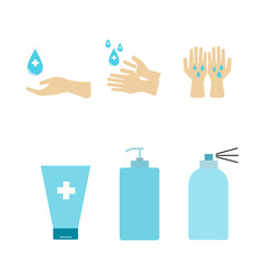 hygienic and sanitation icon set. included the icon as hand, washing, clean, Tube hand wash, Bottle hand washing liquid, Spray hand wash. Blue tone.