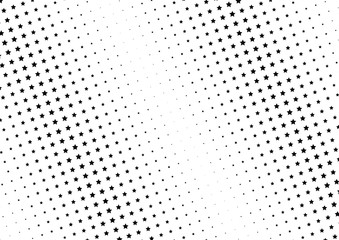 Abstract halftone dotted background. Monochrome futuristic grunge pattern, stars.  Vector modern optical pop art texture for posters, site, postcard, cover, labels, vintage sticker, mock-up layout.