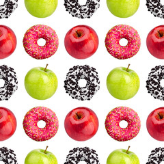 Seamless pattern donuts, red and green apples on white background isolated, healthy vs junk food concept, cakes or fruits diet, fresh fruit or sweet dessert, vitamins vs sugar, art trendy print design
