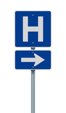 Vector illustration of the Hospital blue road sign with arrow on metallic post