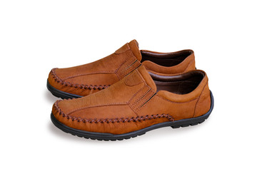 Brown mens shoes white isolated background with clipping path. Slip-on shoes