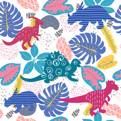  Cute abstract seamless pattern with dinosaurs and Tropical plants.