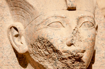 Full frame close-up of the damaged face of a stone sphinx in bright desert sun at the Allée des...