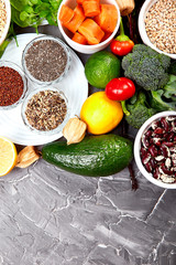 Healthy food selection, clean eating. Fruit, vegetable, seeds,