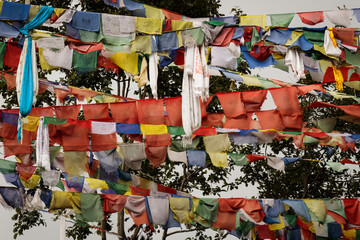 Buddhis prayer flags at Nagi Gumba, Nepal - obrazy, fototapety, plakaty