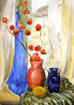 watercolor drawing still life with blue vase