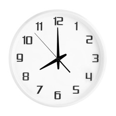 White round office clock showing eight o'clock isolated on white background. Blank white clock...