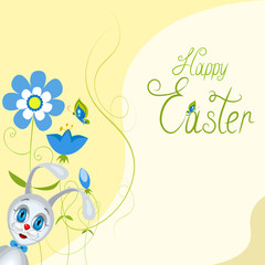 Easter background with small rabbit and blue flowers.