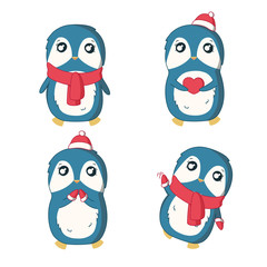 Set of winter penguins. Vector illustration in cute cartoon style