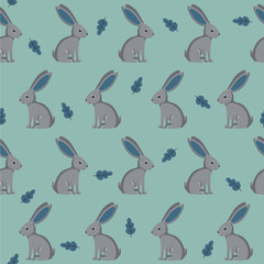 Animal seamless pattern: fox and raccoon on blue background with flowers and mushrooms. Vector illustration in cute cartoon style