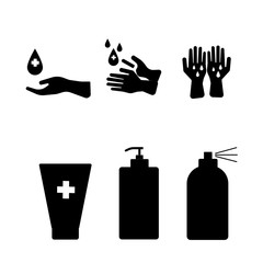 silhouette of hygienic and sanitation icon set. included the icon as hand, washing, clean, Tube hand wash, Bottle hand washing liquid, Spray hand wash.
