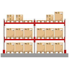 Metal racks for a warehouse with boxes on pallets. Flat design, front view. Vector illustration.