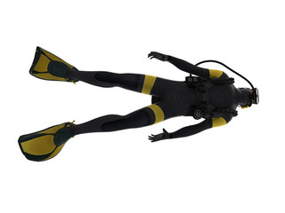 Bottom side view of isolated scuba diver white background ready cutout 3d rendering