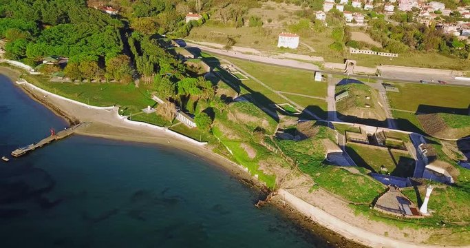 Kilitbahir Castle and Canakkale redoubts next to bosporus, aerial view, drone shot