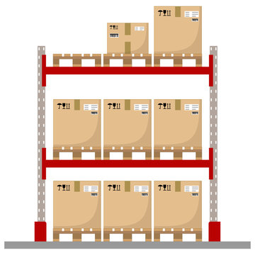 Metal racks for a warehouse with boxes on pallets. Flat design, front view. Vector illustration.