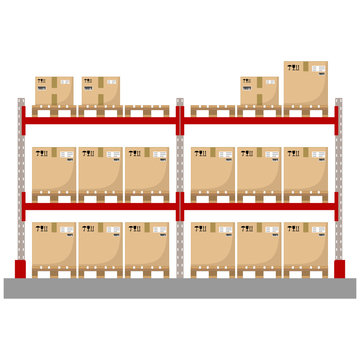 Metal racks for a warehouse with boxes on pallets. Flat design, front view. Vector illustration.