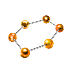 Glossy golden balls in hexagon shape, abstract chemical structure on white