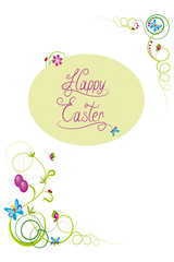 Easter background with colorful eggs and spring flowers.