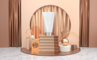 Cosmetic products mockup placed on minimal scene with podium and abstract background.3d Rendering.