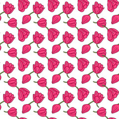 Floral seamless pattern of pink little tulips isolated on white background. Simple vector design for fabric, textile, weddings, packaging, flower shop, website, floristry.