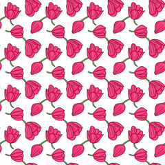Floral seamless pattern of pink little tulips isolated on white background. Simple vector design for fabric, textile, weddings, packaging, flower shop, website, floristry.