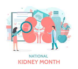 National Kidney Month. Doctors check the health of the kidneys. Medical concept. Flat vector illustration.