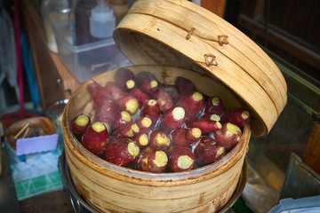 Boiling sweet potato yams on the street of Taiwan