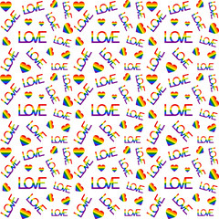 LGBT pride flag with heart pattern and love text