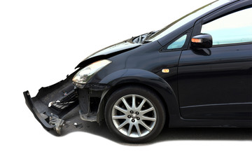 An accident with a black car isolated on white, Black limousine was hit and dented the door damaged. This has clipping path.
