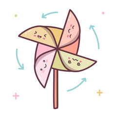 Fun wind toy with cute faces. Paper windmill for children. Kawaii cartoon character. Vector illustration.
