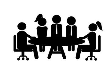 Business meeting and teamwork, Groups of five people in conference room. Black icon.