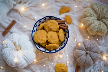 Tasty pumpkin cookies in a bowl with cinnamon and pumpkin decorations