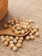 Soybeans in wooden spoon on sackcloth background. Healthy food concept, Plant protein. 