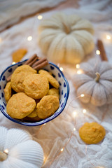 Tasty pumpkin cookies in a bowl with cinnamon and pumpkin decorations