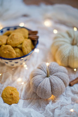 Fototapeta na wymiar Tasty pumpkin cookies in a bowl with cinnamon and pumpkin decorations